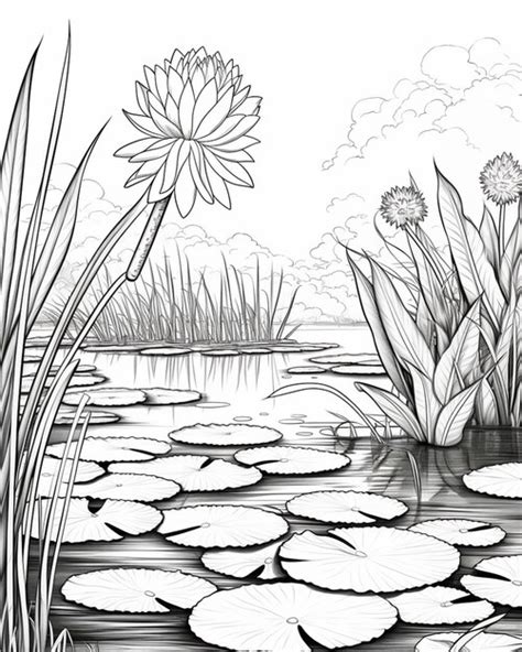 Premium Photo | A drawing of a pond with lily pads and a flower generative ai