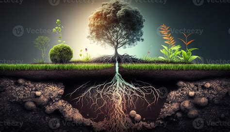 Plants growing on the surface and roots underground, earth section concept, illustration ...