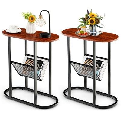 Costway 2 Pcs 2-tier Side Table Oval Narrow End Table Nightstand Bedside Table Brown : Target