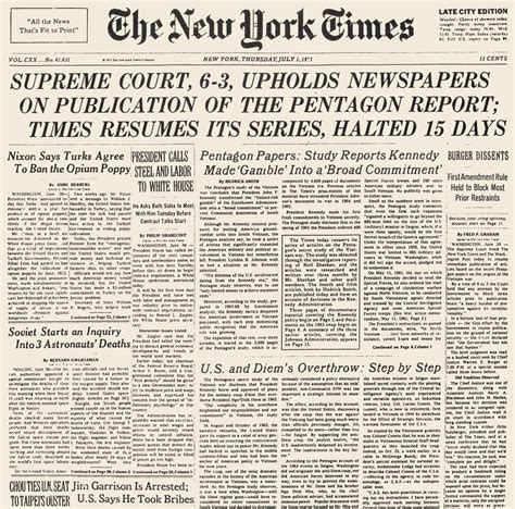 Pentagon Papers 1971 Nfront Page Of The New York Times 1 July 1971 Reporting On The Previous ...