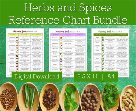 Herbs and Spices Reference Chart Bundle, Spices and Herbs, Cooking Printable, Printable Herb ...