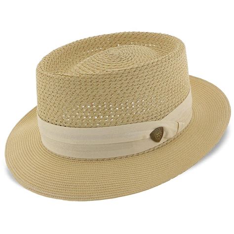 Mens Dobbs Bishop Milan Straw Pork Pie Hat, black, white