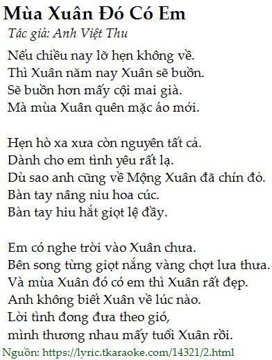 Lời bài hát Mùa Xuân Đó Có Em (Anh Việt Thu) [có nhạc nghe]