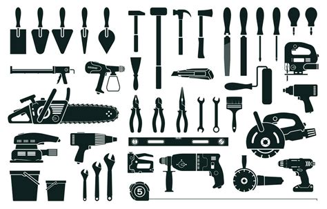 Construction tools, home repair or renovation instruments silhouette. Hammer, screwdriver, drill ...