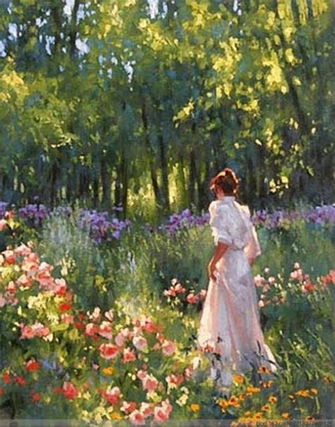 a painting of a woman in a field of flowers