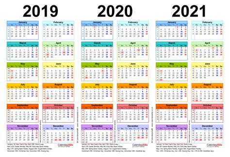 Three year calendars for 2019, 2020 & 2021 (UK) for Excel