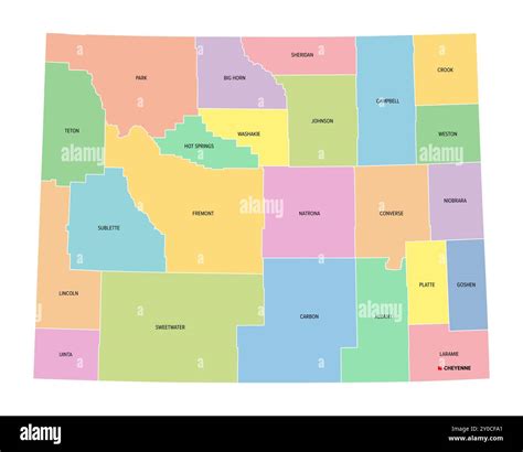 Wyoming, U.S. state, subdivided into 23 counties, multi colored political map with capital ...