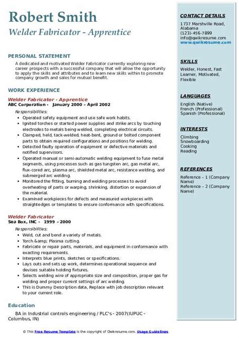 Welder Fabricator Resume Samples | QwikResume