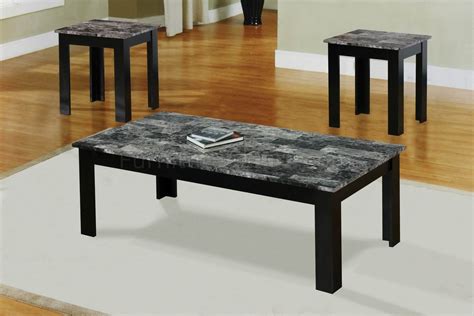 Black Faux Marble Top Modern 3Pc Coffee Table Set w/Wood Base