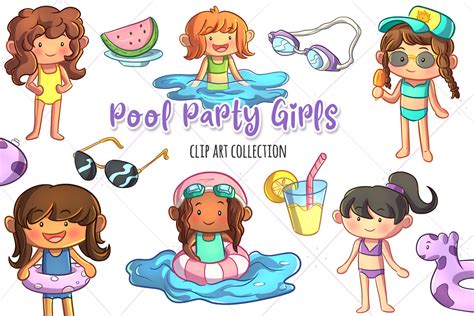 Cute Pool Party Girls Clip Art Collection, Pool Party Clipart, Kids Pool Party Invite - Etsy ...