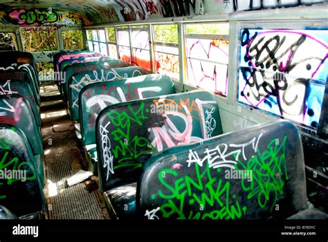 Colorful Spray Painted Graffitti In Old Abandoned School Bus, Miami Stock Photo, Royalty Free ...