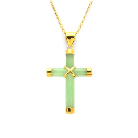 Gold Over Sterling Silver Dyed Green Jade Cross Pendant with 18" Cable Chain - Jewelry ...