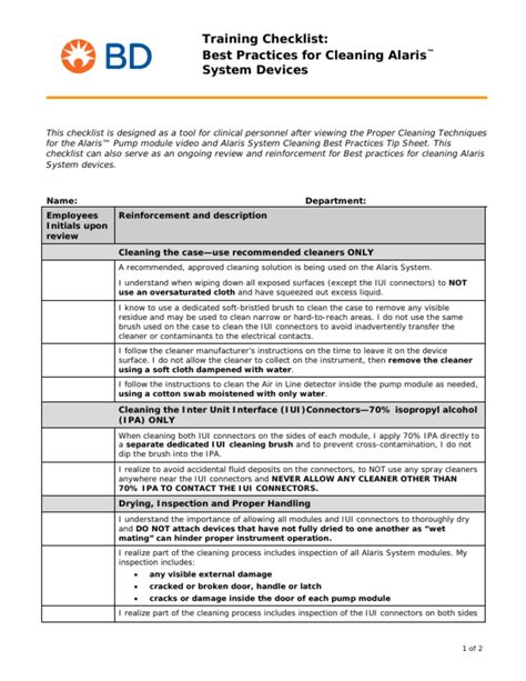 Alaris Pump module System Training Checklist for Best Practices ...