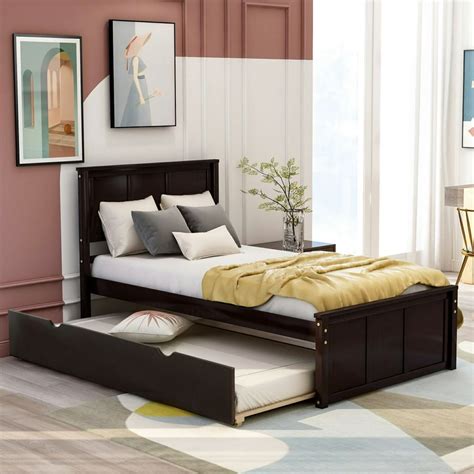 Twin Size Platform Bed With Extra Long Trundle, Solid Wood Twin Size Frame for Kids Adults for ...