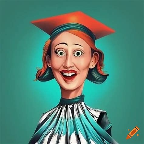 Humorous illustration of a young woman student with an academic cap and chaotic city background ...