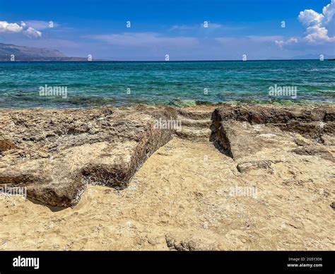 Seaside view by the Prehistoric Cemetery of oldest submerged lost city of Pavlopetri in Laconia ...