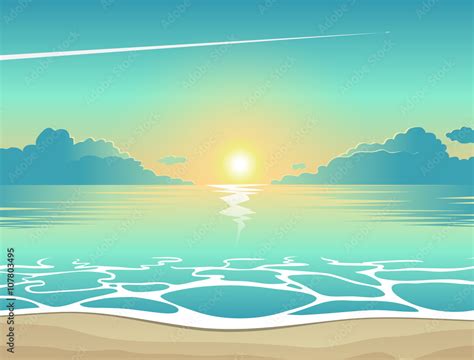 Summer background, vector illustration of the evening beach at sunset with waves, clouds and a ...