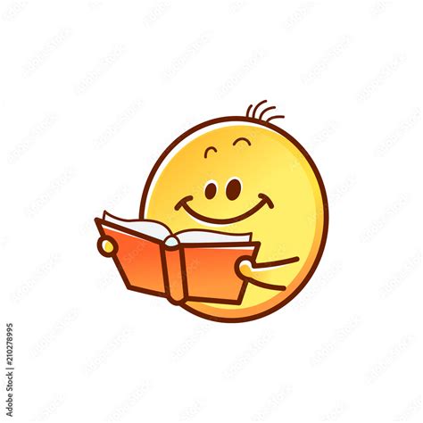 Smiley face reading book - cute smiling yellow emoticon ball with opened red book isolated on ...