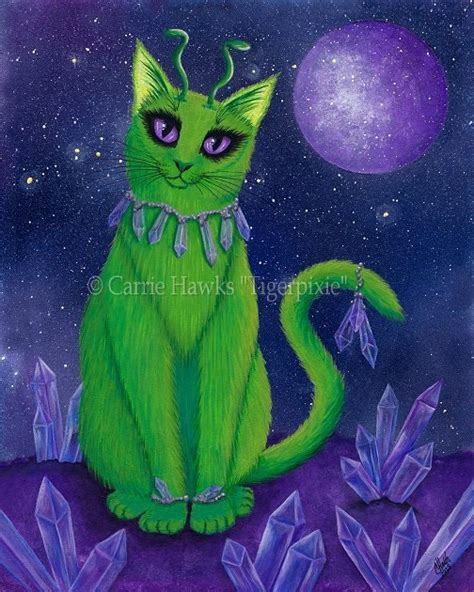 Alien Cat Art Cat Painting Space Cat Green Alien Cat Art - Etsy