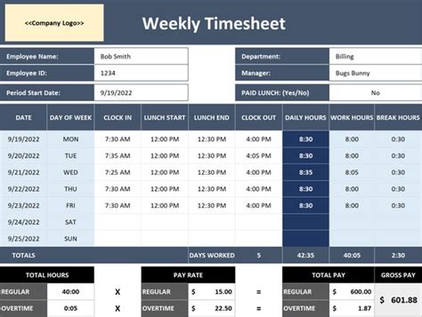 Weekly Employee Timesheet Template Excel With Lunch Breaks and - Etsy