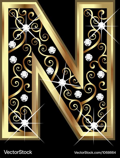 N gold letter with swirly ornaments Royalty Free Vector