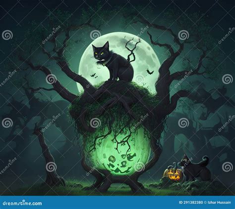 Black Cat on a Tree in Halloween Night Stock Illustration ...