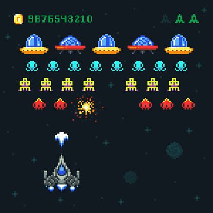 Vintage Video Space Arcade Game Vector Pixel Design With Spaceship Shooting Bullets And Aliens ...