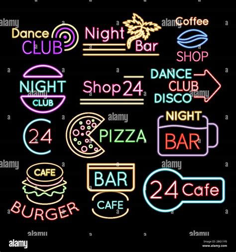 Bar, dance club cafe neon signs isolated on black background. Neon sign for cafe or bar, bright ...
