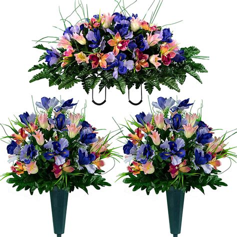 Sympathy Silks Artificial Cemetery Flowers 2 Cream Pink Tulips/Purple ...