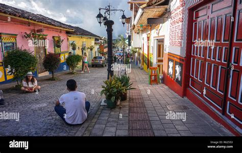 Colorful colonial houses in the streets of Guatape, Medellin, Colombia ...