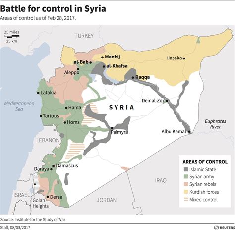 A map showing areas of control in Syria, divided among the Syrian government, Syrian rebels ...