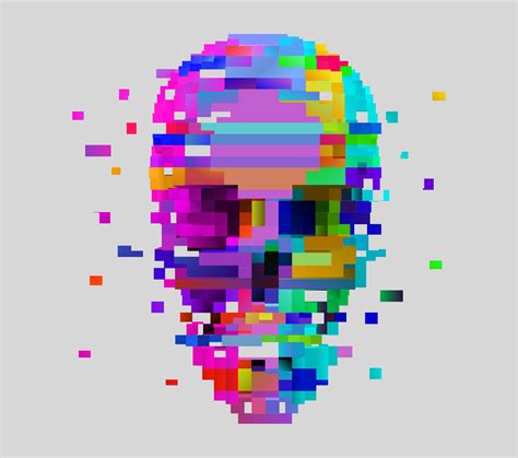 Vector pixel art skull. 3d glitch disintegration effect. Neon colored retro video game style ...