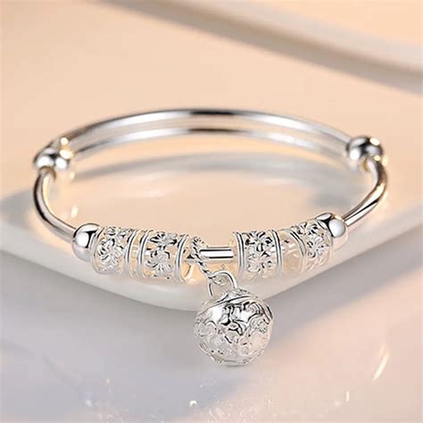 Fashion Sliver 925 Sterling Silver Charm Artificial Stone Bangle Cuff Bracelet Ball Bell ...