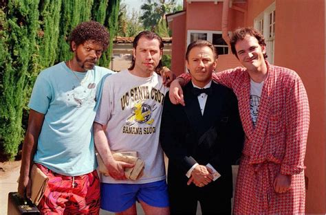 Samuel L. Jackson, John Travolta, Harvey Keitel, and Quentin Tarantino on the set of ‘Pulp ...