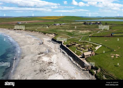 Aerial view of Skara Brae Neolithic settlement, Bay of Skaill, Orkney West Mainland, Orkney ...