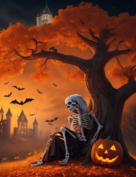 Premium Photo | Halloween style A skeleton sitting beside a lar