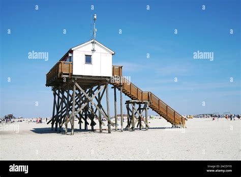 beach stilt house or building on stilts at German seaside resort St. Peter-Ording or SPO Stock ...