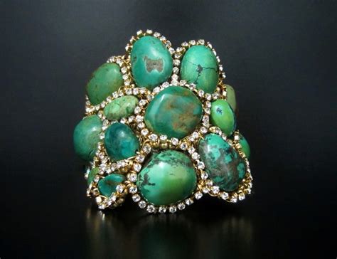 Green Turquoise & Rhinestone Cuff Bracelet with by SharonaNissan
