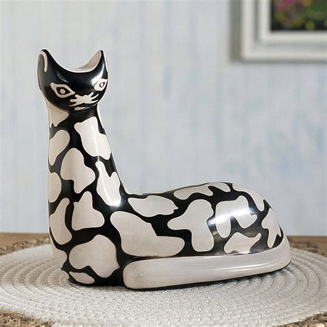 Abstract Design Chulucanas-Style Ceramic Cat Sculpture - Abstract Cat | NOVICA