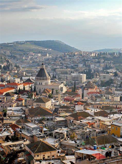 An aerial view of the old town of Nazareth, with the Church of the ...