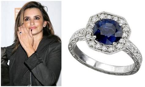 Penelope Cruz sports platinum, diamond and sapphire engagement ring