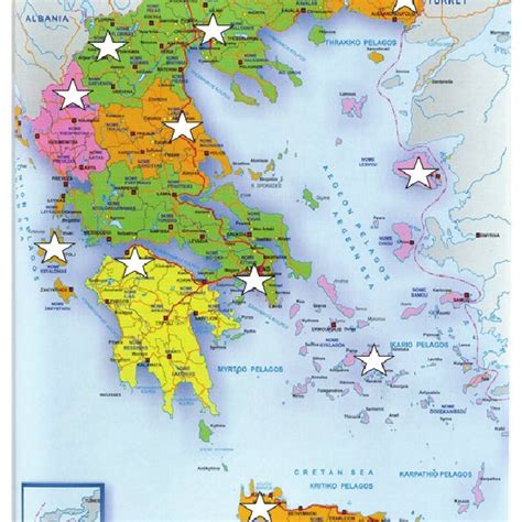 Map of Greece. White stars represent the regions where the survey took ...