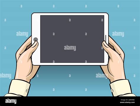 Hands holding tablet computer. Screen digital display, touchscreen and device, vector ...