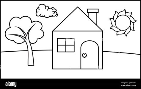 Kid drawing with house sun and tree. Vector illustration in child style. Outline design Stock ...