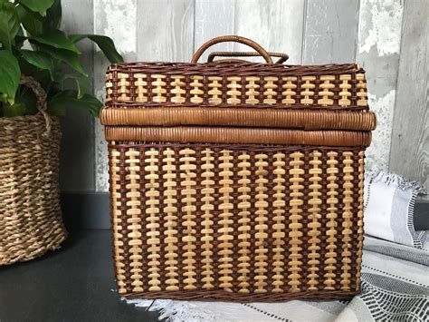 Vintage Wicker Picnic Basket Large Square Picnic Box Mid | Etsy