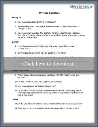 Printable TV Trivia | LoveToKnow