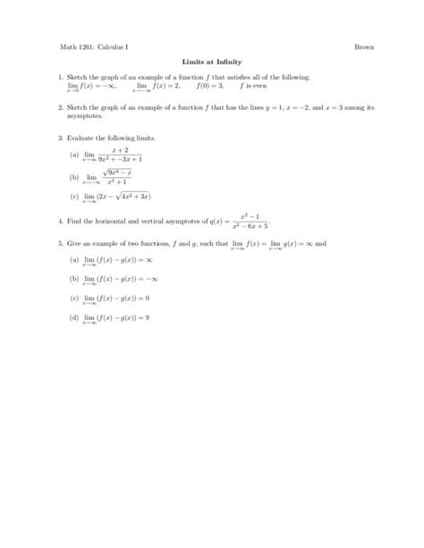 Limits and Infinity Worksheet for 11th - 12th Grade | Lesson Planet