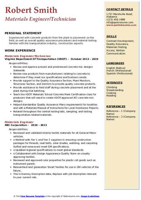 Materials Engineer Resume Samples | QwikResume