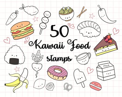 Kawaii Hand Drawn Procreate Food Doodle Stamps, Brushset Bundle, 50 ...