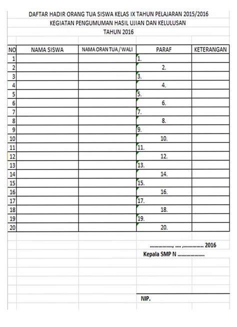 Contoh Daftar Hadir Rapat Orang Tua Siswa - IMAGESEE